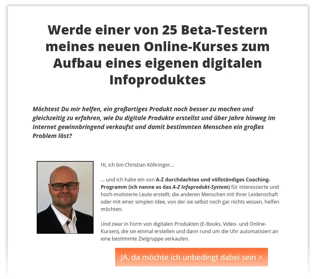 Bewerbung für Beta-Tester des neuen Online-Kurses von Christian Költringer zum Aufbau eines digitalen Infoproduktes