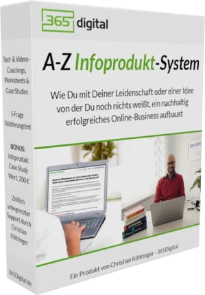 Produktbox des A-Z Infoprodukt-Systems von 365digital mit Kursinhalten und Bonusangeboten