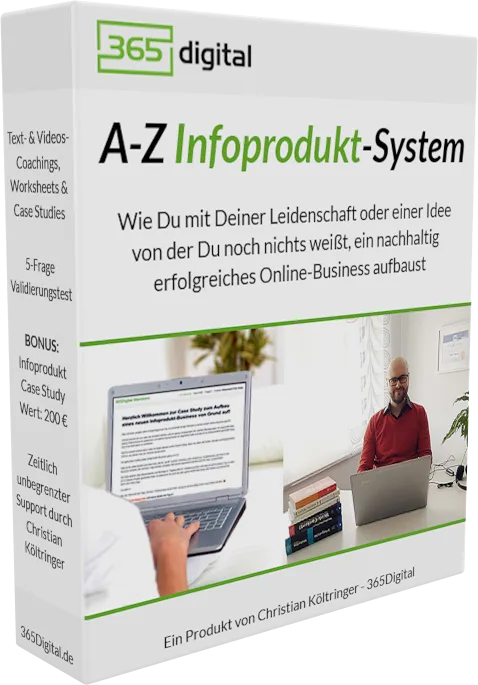 Produktbox des A-Z Infoprodukt-Systems von 365digital mit Kursinhalten und Bonusangeboten