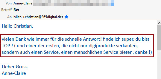 Kundenbewertung von Anne-Claire lobt schnelle Antwort und persönlichen Service