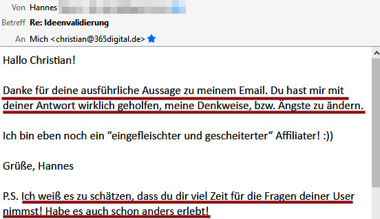 Kundenbewertung von Hannes lobt ausführliche Aussagen und hilfreiche Antworten zur Ideenvalidierung