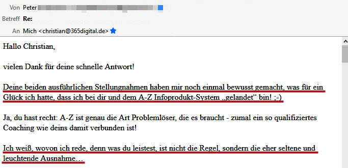 Kundenbewertung von Peter lobt schnelle Antwort und empfiehlt A-Z Infoprodukt-System als Problemlöser