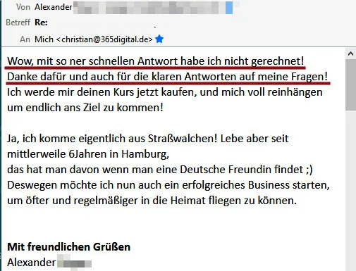 Kundenbewertung von Alexander dankt für schnelle und klare Antworten und beschreibt Geschäftspläne