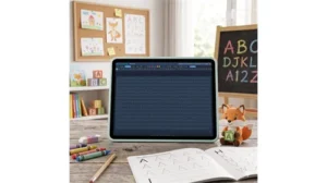 ABC-Fuchs App auf Tablet mit Schreibübungen, umgeben von Kinderzimmer-Lernmaterialien