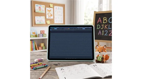 ABC-Fuchs – Handschrift-Lern-App für Kinder von Gerd Zimmermann 1 ABC-Fuchs App auf Tablet mit Schreibübungen, umgeben von Kinderzimmer-Lernmaterialien