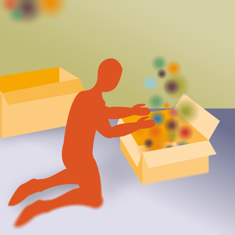 Illustrierte Person in Rot öffnet bunte Geschenkbox mit farbigen Kugeln und Elementen