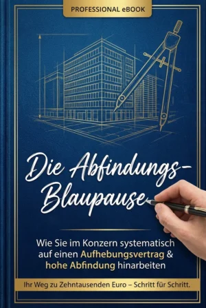 E-Book-Cover Die Abfindungs-Blaupause mit Gebäudezeichnung und Hand mit Stift