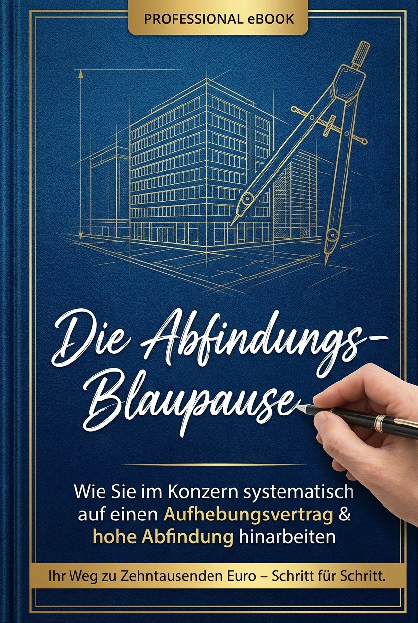 E-Book-Cover Die Abfindungs-Blaupause mit Gebäudezeichnung und Hand mit Stift