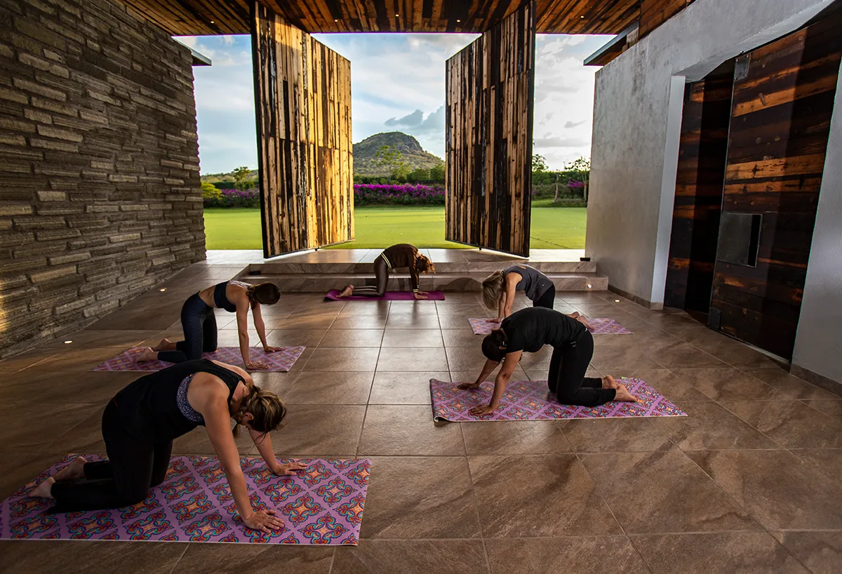 Yoga-Gruppe in modernem Studioraum mit großer Fensterfront und Bergblick