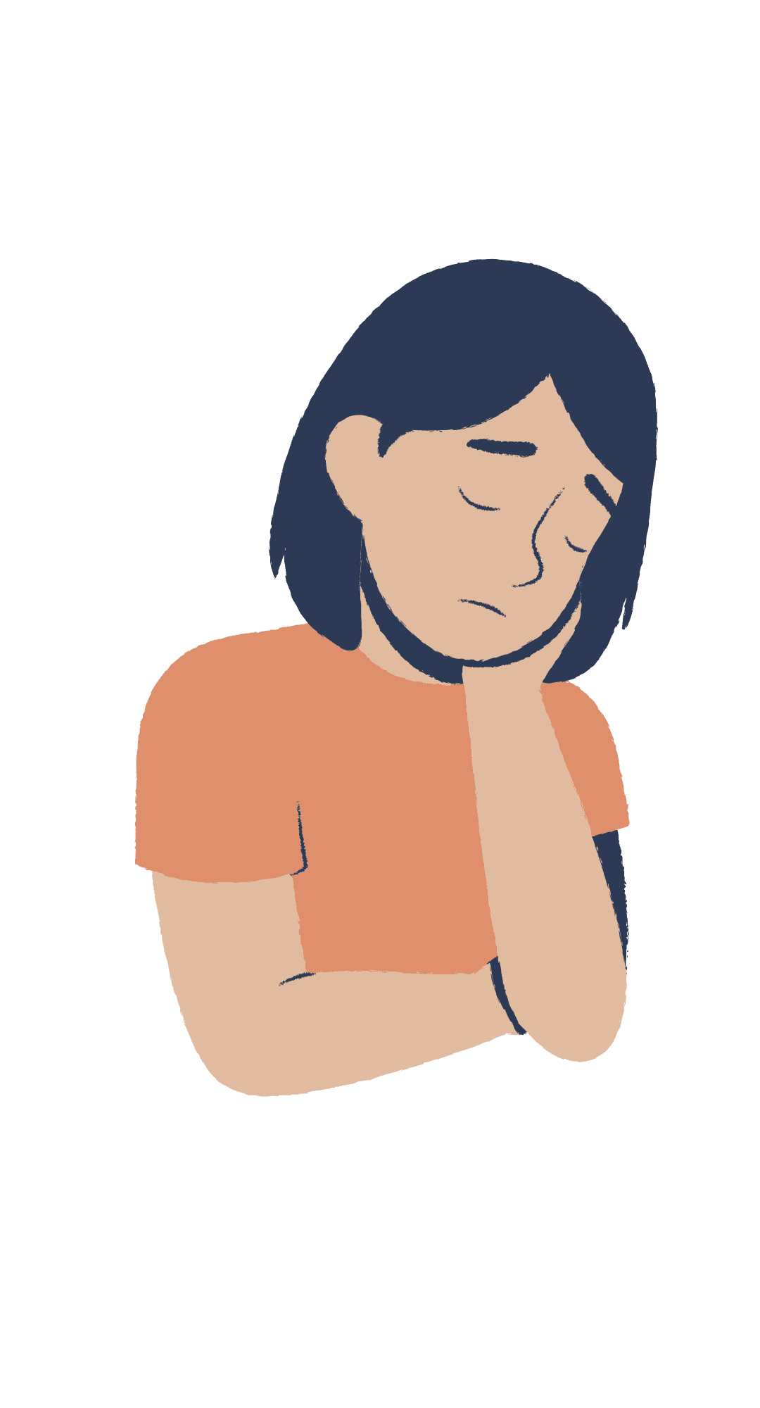 Achtsamkeits-Meditation – Videokurs mit geführten Übungen 3 Illustration einer nachdenklichen Frau in orange-beiger Kleidung mit Hand am Gesicht