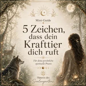 Mini-Guide Cover mit Frau, Wolf und Text zu Krafttieren im Waldsetting