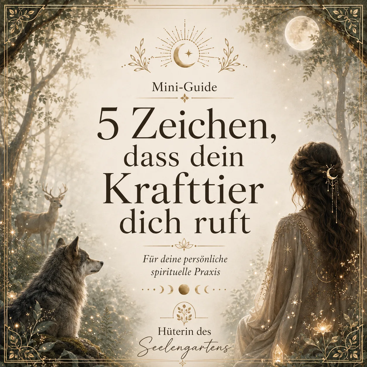 Achtsamkeitstraining – Selbstlernkurs von Daniela Starke 1 Mini-Guide Cover mit Frau, Wolf und Text zu Krafttieren im Waldsetting