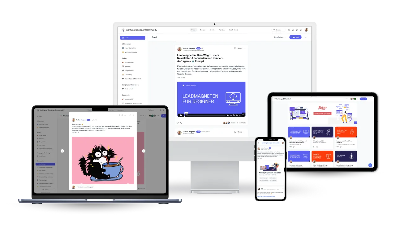 Screenshot der Achtung Designer Community Plattform mit Feed, Navigationsmenü und Benutzerprofil auf Desktop und mobilen Gerä