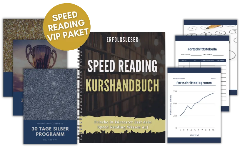 Speed Reading VIP Paket Produktabbildung mit goldenem Badge, Kurshandbuch, Workbooks und Trainingsmaterialien