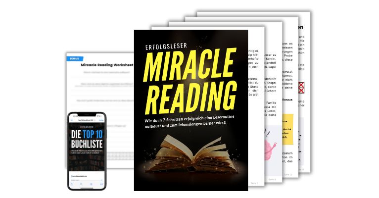 Erfolgsleser University Produktbundle zeigt Miracle Reading Buch, Smartphone mit Top 10 Buchliste, Workbooks und weitere Mate