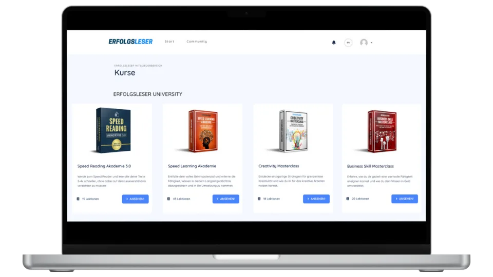 Screenshot der Erfolgsleser University Kursseite mit vier Kurskacheln Speed Reading Akademie, Speed Learning Akademie, Creati