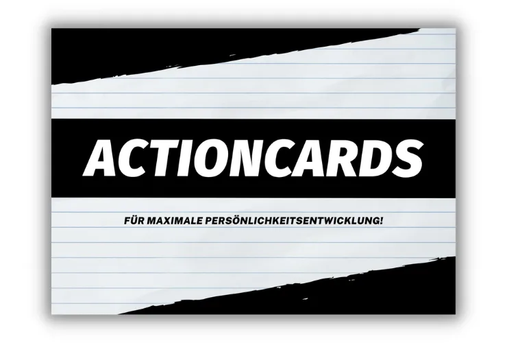 Actioncards Produktcover mit schwarzem Balken und handschriftlichen Linien, Titel Actioncards, Untertitel Für maximale Persön