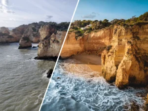 Vorher-Nachher Vergleich Strandklippen: Links unterbelichtetes Foto mit flachen Farben, rechts lebendiges bearbeitetes Foto m