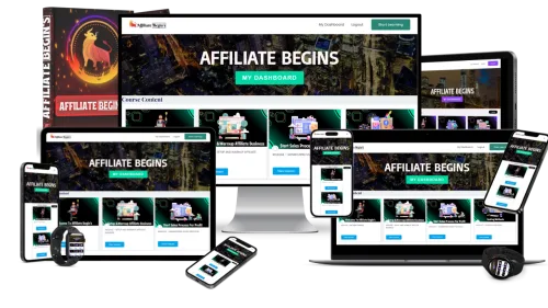 Hero-Banner und Responsive-Mockups der Affiliate Begins Website auf verschiedenen Geräten