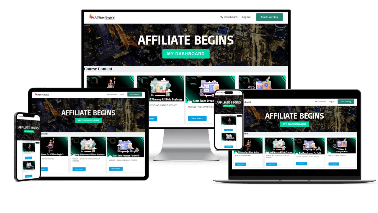 Responsive Mockup des Affiliate Begins Dashboards auf Smartphone, Tablet und Desktop