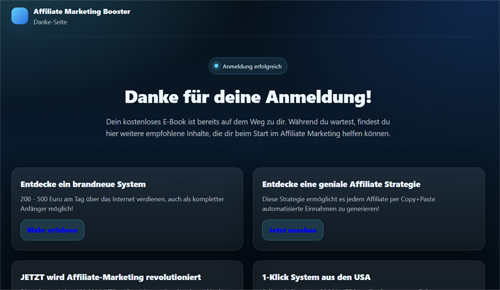 Danke-Seite mit Bestätigung der Anmeldung und Bonus-Inhalten