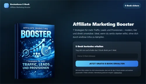 Landingpage für Affiliate Marketing Booster E-Book mit Produktabbildung und Anmeldeformular