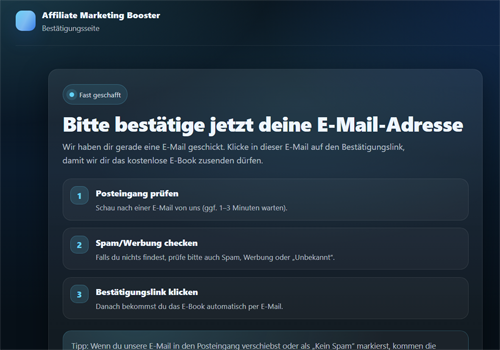 Bestätigungsseite mit Anleitung zur E-Mail-Bestätigung und drei Schritten