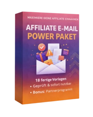 3D-Produktbox des Affiliate E-Mail Power Paket mit Envelope-Grafik und orangem Farbverlauf