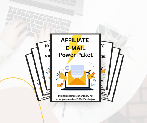 Mockup-Darstellung mehrerer E-Mail-Vorlagenseiten des Affiliate E-Mail Power Paket mit Keyboard im Hintergrund
