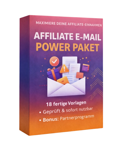 3D-Produktbox des Affiliate E-Mail Power Paket mit Envelope-Grafik und orangem Farbverlauf