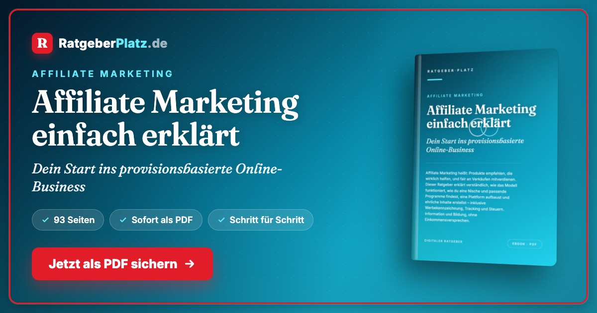 Hero-Banner mit Affiliate Marketing Ratgeber, RatgeberPlatz Logo, Buch-Mockup und CTA-Button