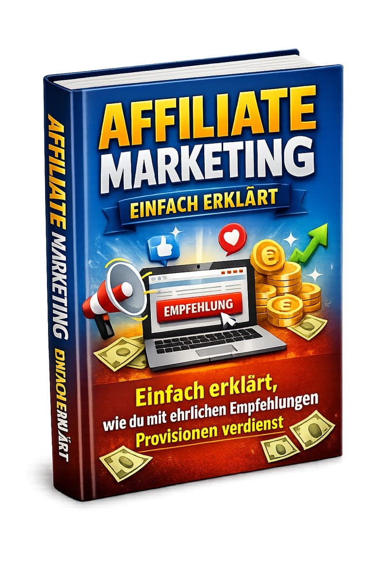 Cover Affiliate Marketing einfach erklärt mit Megafon, Laptop, Münzen und Pfeilen