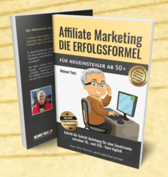Affiliate-Marketing – Einsteigerbuch für Zusatzrente von Helmut Tietz 1 3D Mockup des Affiliate Marketing Buches von Helmut Tietz mit aufgeschlagenem Cover