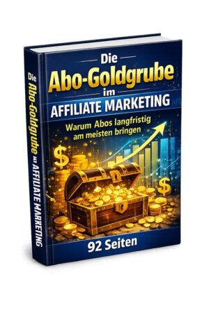 E-Book-Cover: Die Abo-Goldgrube im Affiliate Marketing – Schatztruhe mit Goldmünzen, dunkler Hintergrund mit Wachstumsgrafike