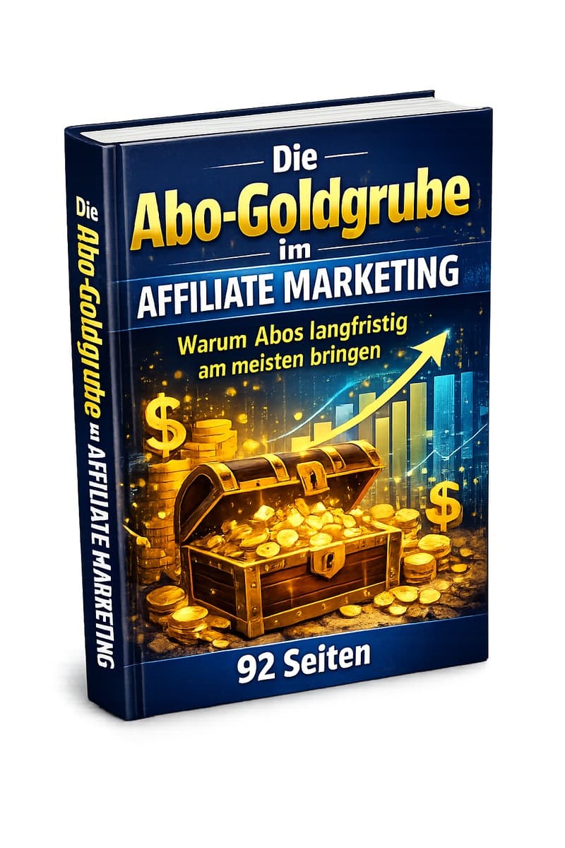 Affiliate Marketing mit laufender Provision – Aboprodukt-Ratgeber 1 E-Book-Cover: Die Abo-Goldgrube im Affiliate Marketing – Schatztruhe mit Goldmünzen, dunkler Hintergrund mit Wachstumsgrafike