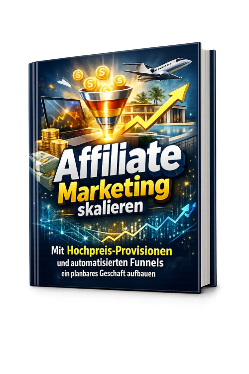 Produkt-Mockup Affiliate Marketing skalieren mit 3D-Buchdarstellung und Aufstiegspfeil