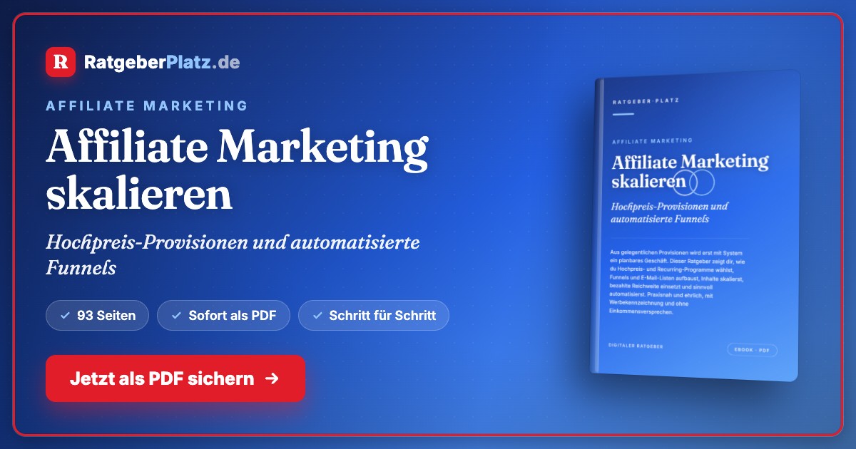 Hero-Banner zum PDF-Ratgeber Affiliate Marketing skalieren mit RatgeberPlatz-Logo, Buchtitel und Call-to-Action-Button