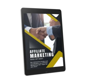 iPad-Mockup mit Affiliate Marketing Freebie Guide, Handschlag und gelbe Design-Elemente