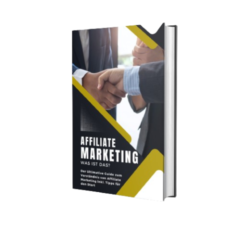 3D-Buchcover Affiliate Marketing – Was ist das?, Handschlag und gelbe Designelemente