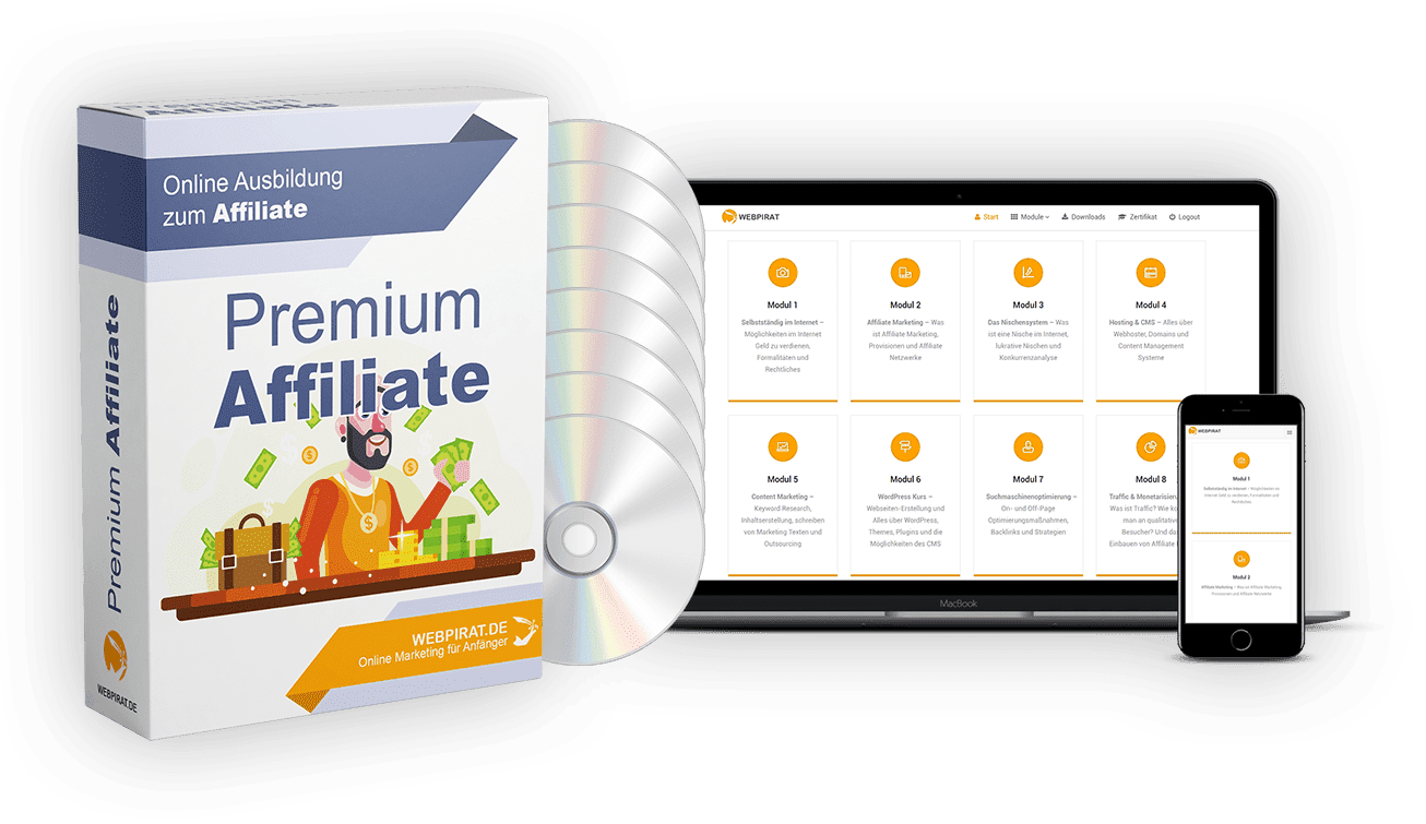 Premium Affiliate Online Ausbildungskurs mit Produktbox, DVDs und Laptop-Screenshot mit 8 Modulen