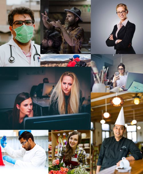 Collage mit 12 verschiedenen Unternehmertypen und Berufsporträts