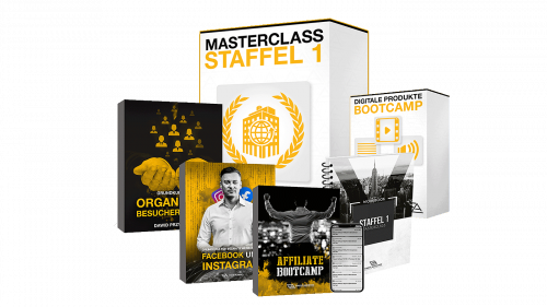 Affiliate-MasterClass Staffel 1 Produktpaket mit Kursbox, Büchern und Bootcamp-Material von Dawid Przybylski