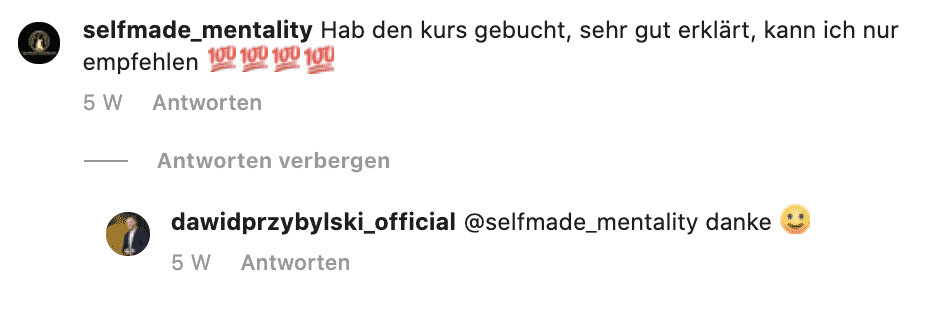 Instagram-Kundenstimme von selfmade_mentality: Positive Kursbewertung mit 100er-Emojis