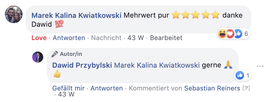 Instagram-Kommentar von Marek Kalina Kwiatkowski mit 5-Sterne-Bewertung