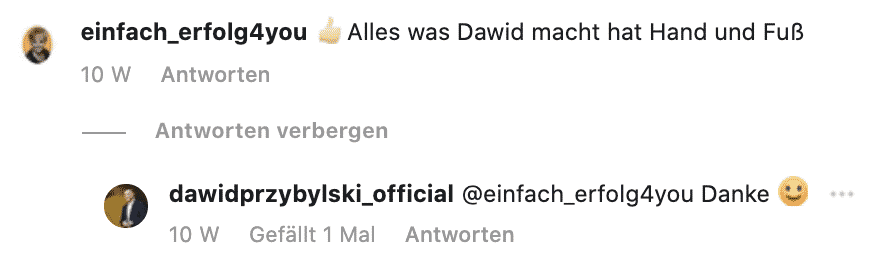 Instagram-Dialog zwischen einfach_erfolg4you und davidprzybylski_official