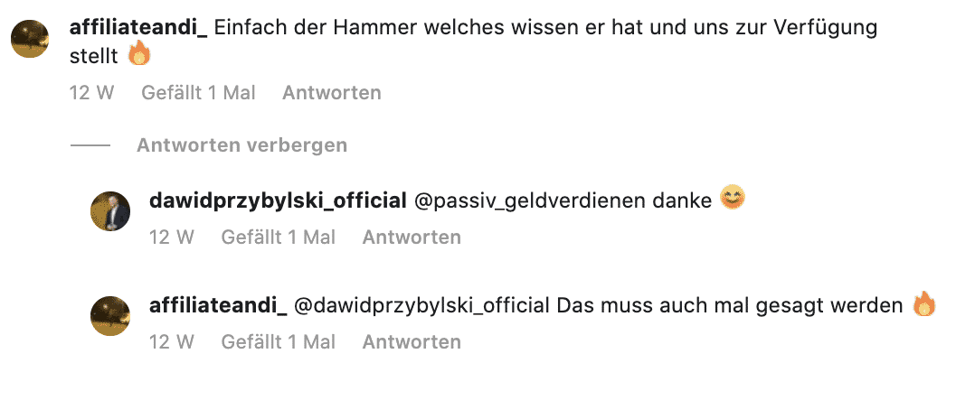 Instagram-Diskussion zwischen affiliateandi und davidprzybylski_official