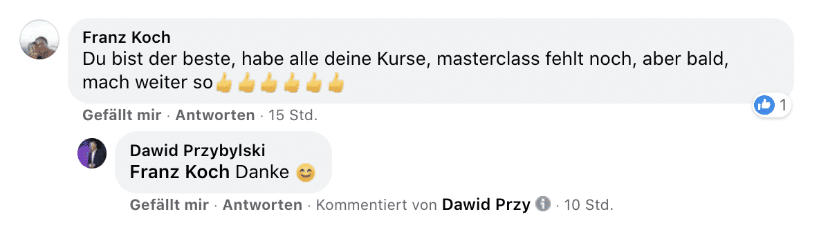 Kundenstimme von Franz Koch: Positive Bewertung mit Lob für Kurse und Masterclass