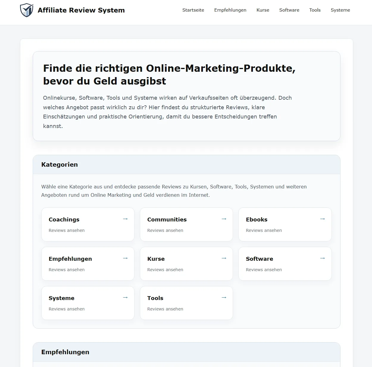 Affiliate Review System Startseite mit Kategorien-Grid und Empfehlungen zu Online-Marketing-Produkten