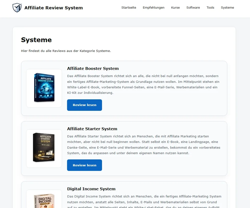 Kategorieseite Systeme mit mehreren Affiliate Review-Produkten und Review lesen Buttons