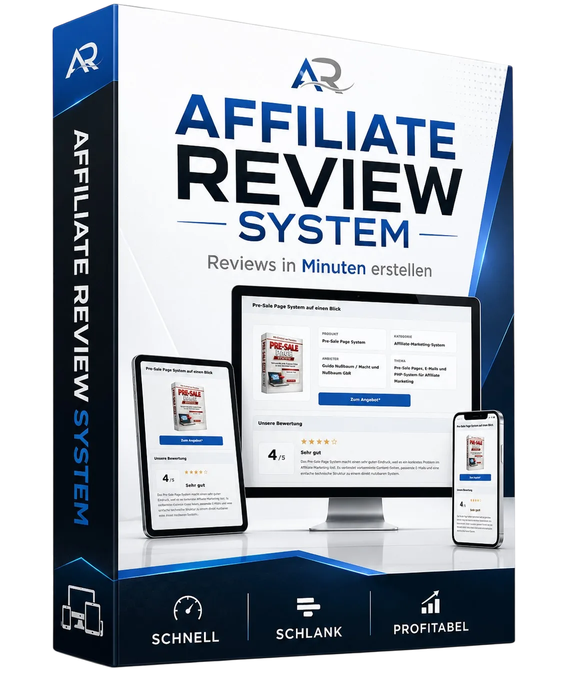 Affiliate Review System Produktbox mit blauem Logo, schwarzer Seitenleiste und Darstellung auf Tablet, Desktop und Smartphone